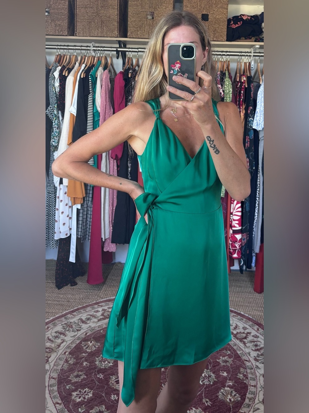 NWT Ramy Brook Emerald Jade Green Satin Charmeuse Mini Knot Detail Wrap Dress - Picture 4 of 15